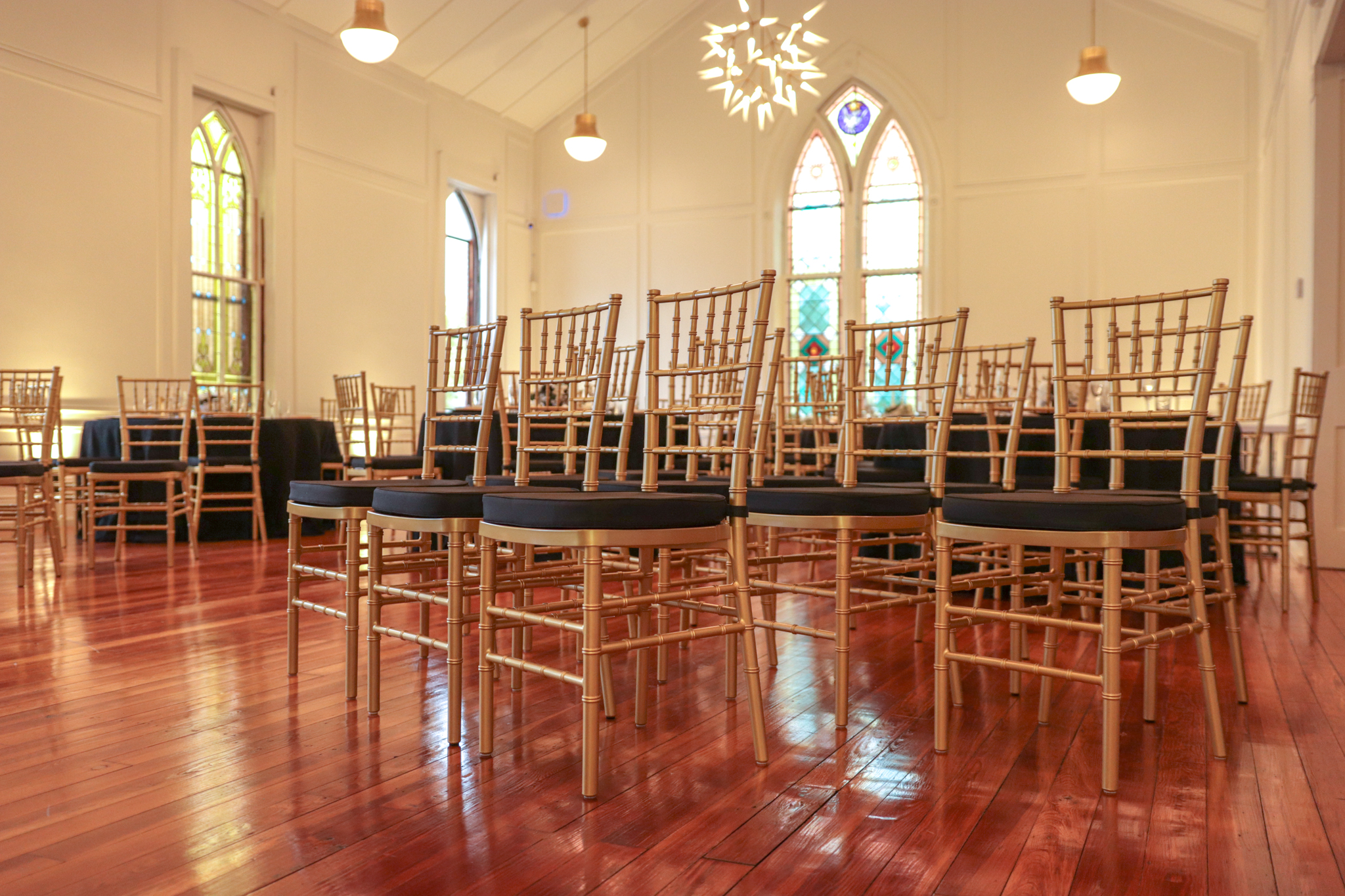Ceremony seating with golden chairs